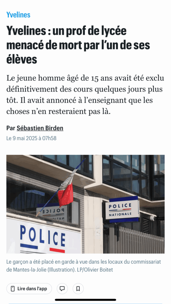Professeur des yvelines menacé de mort